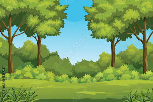 Lush green trees and grassy field under a clear blue sky