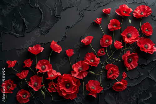 Red poppies on a black rough surface, top view, minimalist composition, deep color contrast with copy space