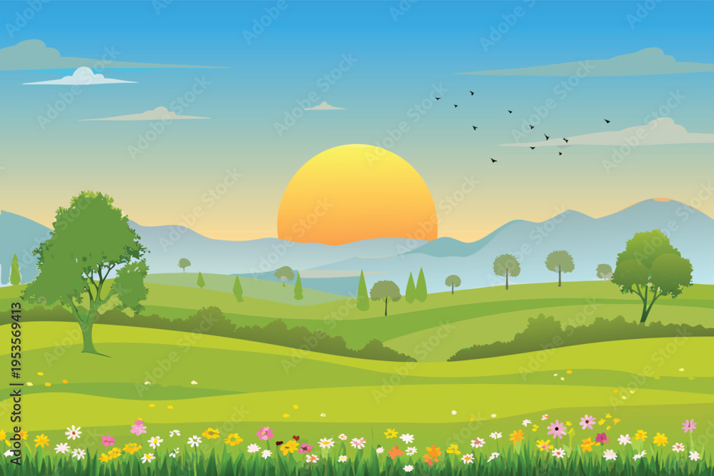 Fototapeta premium A serene landscape featuring a bright sun setting over rolling hills