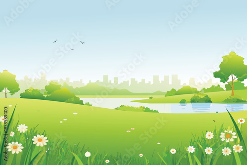 Peaceful landscape featuring a river trees and distant city skyline