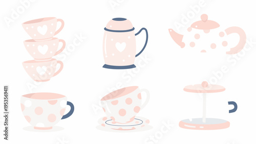 A collection of pastel pink and blue tea and coffee serving items