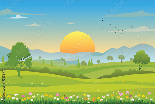 A serene landscape featuring a bright sun setting over rolling hills