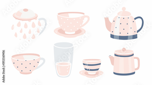 Pastel colored teaware set including teapots cups and glasses