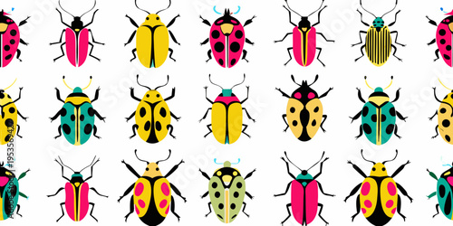 A colorful patterned collection of various beetle illustrations on white