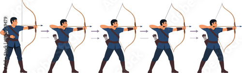 Archer shooting sequence with step by step bow draw aim release motion, archery animation frames flat vector illustration set