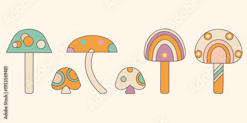 Colorful patterned mushrooms arranged in a whimsical illustrative composition