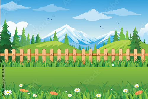 Scenic landscape featuring mountains a green field and a wooden fence