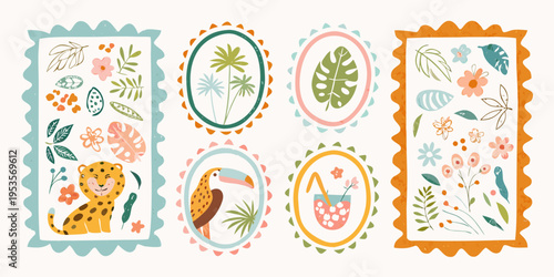 Colorful botanical illustrations featuring tropical plants and animals in frames
