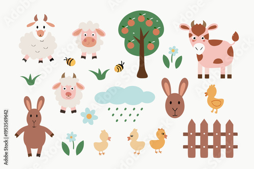 Colorful cartoon illustration of farm animals fruit tree and garden elements