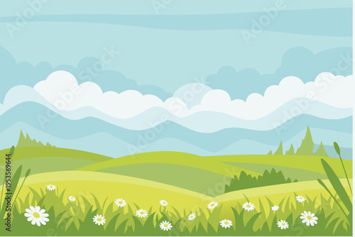 Serene landscape with rolling hills fluffy clouds and wildflowers