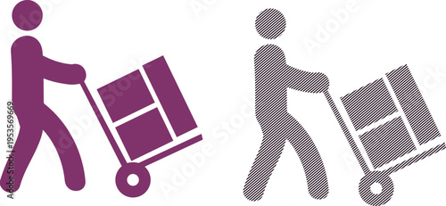 Vector delivery person with hand truck and boxes icon, logistics and shipping vector