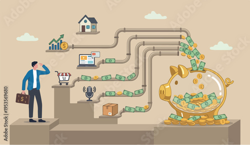 Multiple streams goodgo we for to in the of income, passive income or revenue from invest in multi assets, side hustles to make money concept, rich businessman standing with multi cash flow from pipe