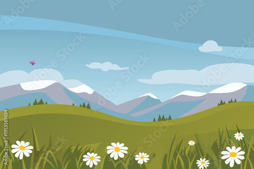 A serene landscape featuring mountains green hills and white flowers