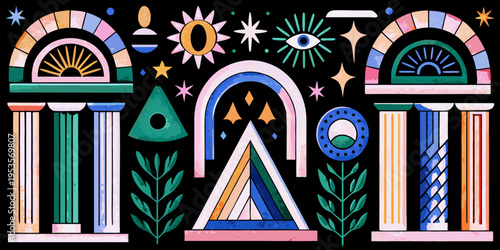 Abstract colorful arches geometric shapes and mystic eyes on a black background