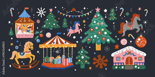 Festive illustration featuring christmas trees carousels rocking horses and winter decor