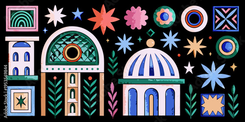 Colorful illustration featuring architectural shapes stars and floral elements