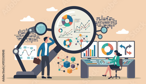 Data analysis and optimization SEO, marketing research user customer behavior business concept, business people using magnifier tools analyze chart graph