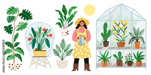 A woman tends to plants inside and around a small greenhouse