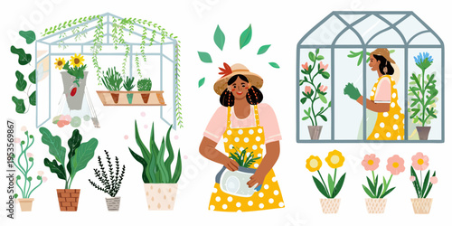 Woman tending to plants inside and outside a colorful greenhouse