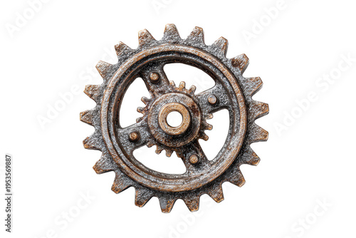 Rusty metal gear with eight teeth and a central hole placed on a plain background