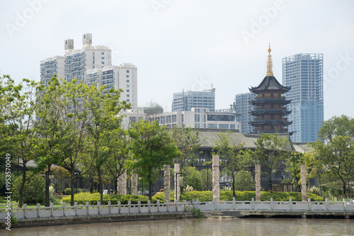 Traditional Pagoda and Modern Skyline in Jiangsu Province, China