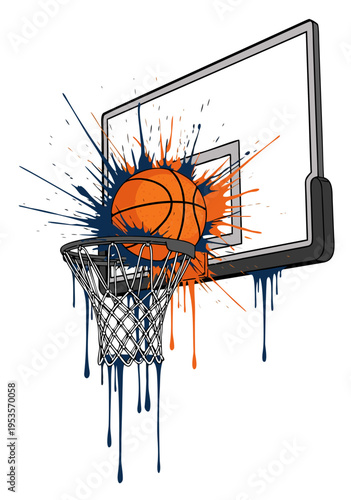 Vector illustration of a basketball splashing paint into the hoop, a dynamic and artistic representation of the sport