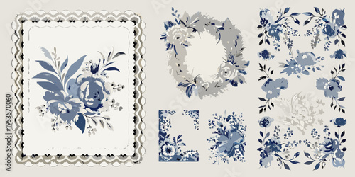 Blue and white floral designs on a textured light gray background