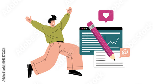 Excited young man running with arms outstretched, creative vector illustration with writing and social media icons