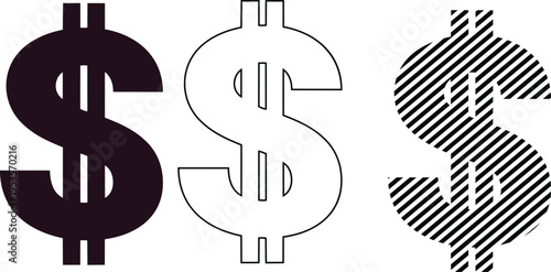 Vector us dollar sign icons, black, white, and striped variations