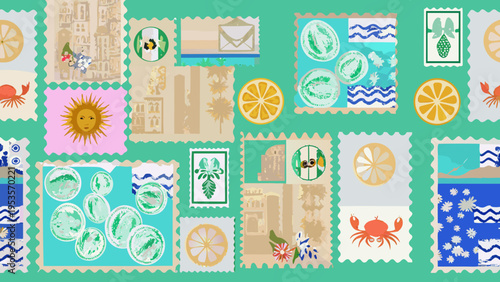 A colorful repeating pattern of illustrated postage stamps with summery themes
