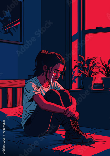 Vector illustration of a sad girl crying while sitting on a bed in a dimly lit room with dramatic red and blue lighting