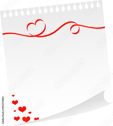 Torn notepad with red ribbons and hearts, greeting note design