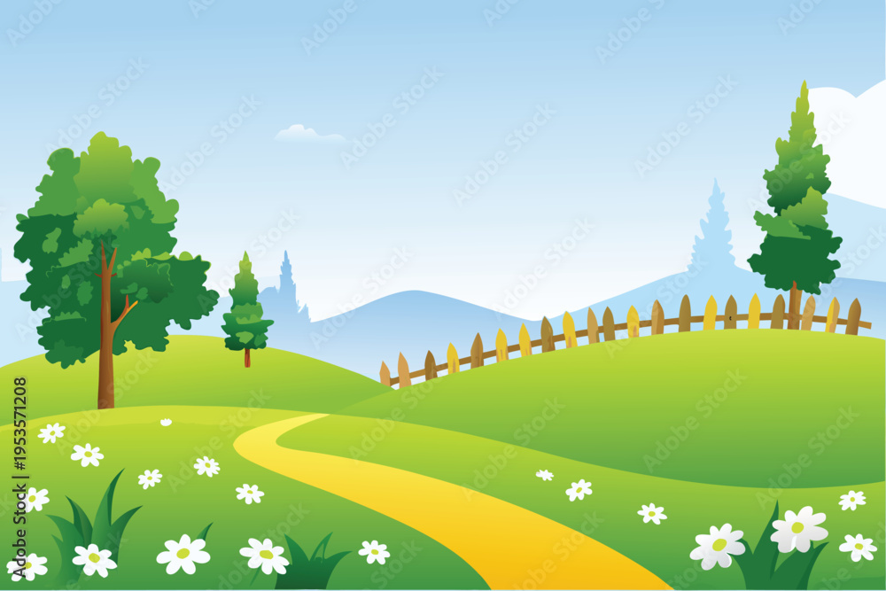 Fototapeta premium A vibrant cartoon landscape featuring rolling green hills and trees