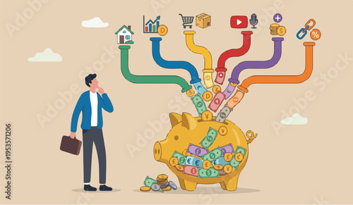 Multiple streams gowe for to in the of income, passive income or revenue from invest in multi assets, side hustles to make money concept, rich businessman standing with multi cash flow from pipe into
