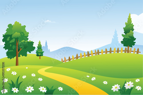 A vibrant cartoon landscape featuring rolling green hills and trees
