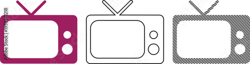 Vector retro television set icon in purple, outline, and pattern styles