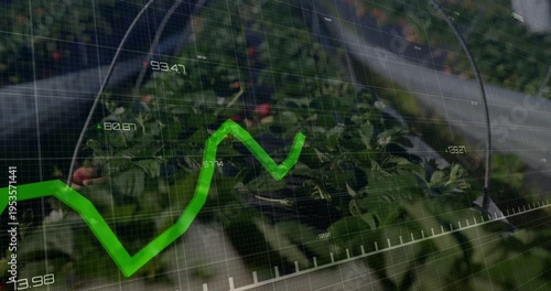 Grid appearing, green trend line moving across crop rows while labels updating for farm metrics