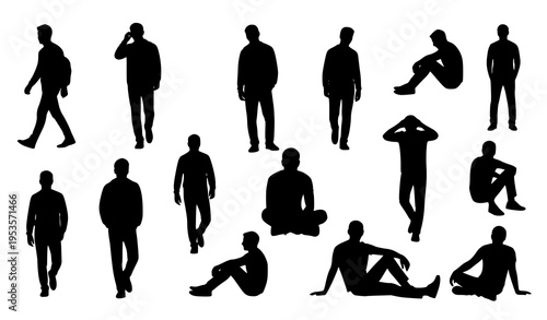 Black man silhouette collection human poses vector illustration set