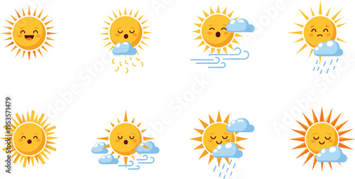 Cute Sun Weather Icons Set with Clouds Wind Rain and Smiling Faces Cartoon Style for Forecast Apps Kids Design and Sky Illustrations