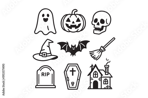 A collection of halloween icons including a ghost pumpkin and haunted house