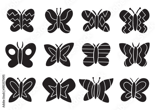 Cute butterfly silhouette with pattern wings compilation set.  Vector doodle illustration set for web, t-shirt design, other graphic design use