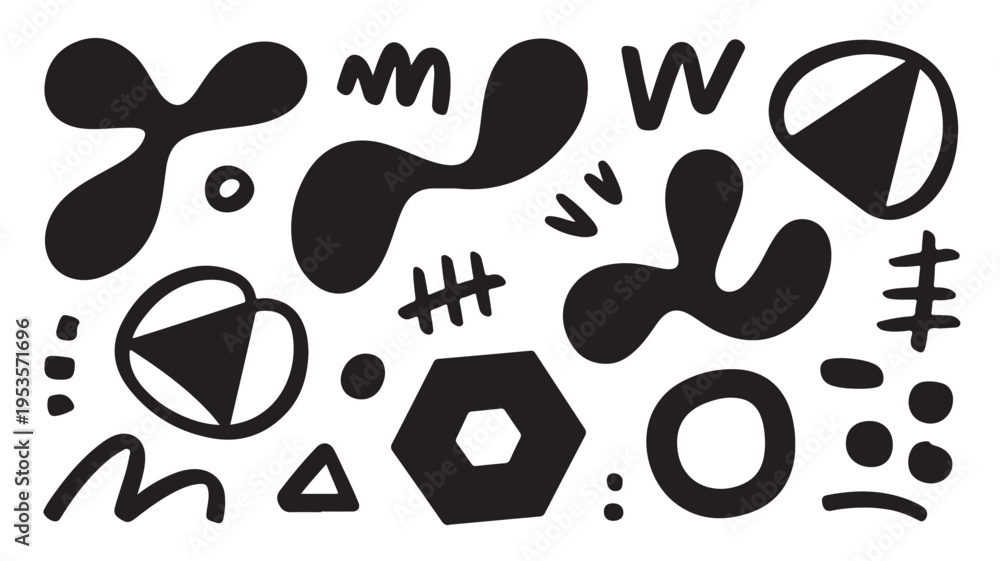 Fototapeta premium Black Memphis Geometric Shapes On White Background For Design Elements