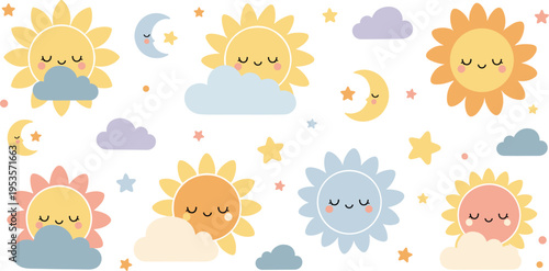 Cute Sun Moon and Stars Cartoon Vector Set with Sleeping Faces, Clouds, Sky Elements for Nursery Design, Kids Illustration and Baby Decor