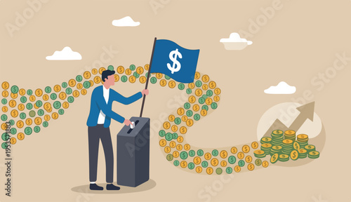 Cash flow, investment fund flow, fund raising, bank loan or financial activity to making money profit concept, Businessman leader or investor holding flag control flow money Dollar coins.