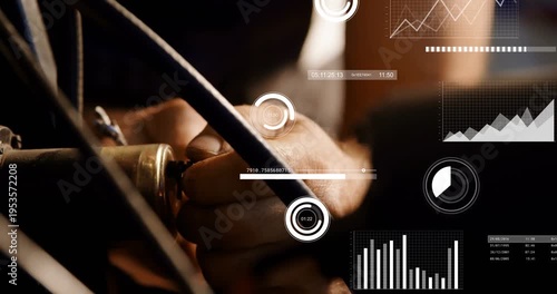 Approaching tech hands gripping, rotating brass connector at lab securing cable while HUD updating