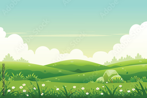 Serene landscape featuring rolling green hills and a bright sky