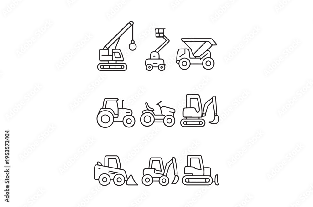 Fototapeta premium Construction vehicle icons excavators loaders tractors and other machinery