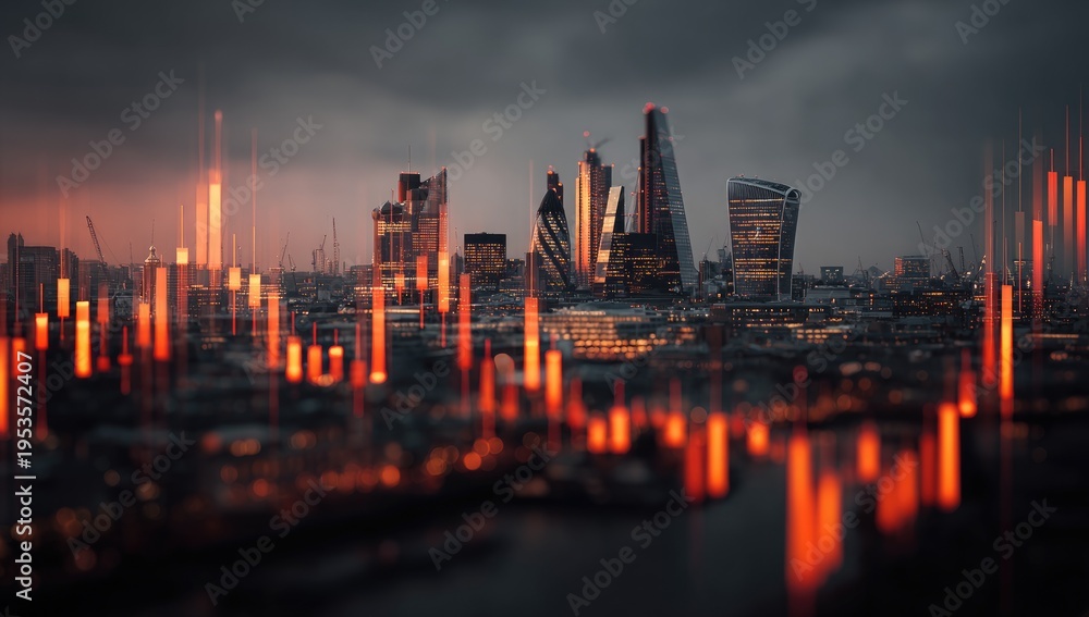 Fototapeta premium Financial District Skyline with Stock Market Candlestick Chart Overlay.