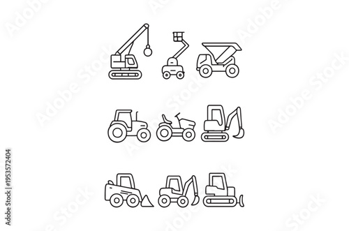 Construction vehicle icons excavators loaders tractors and other machinery