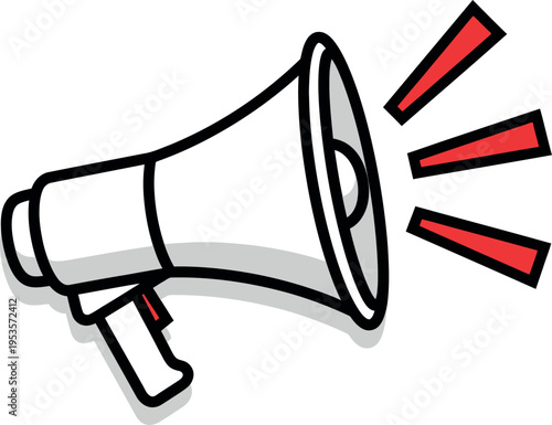 Megaphone with red sound waves, communication announcement amplification broadcast